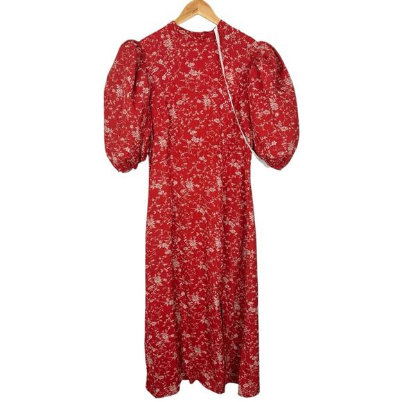 NWT Missguided High Neck Puff Sleeve Midi Dress Red Floral Size US 12 - Picture 2 of 15